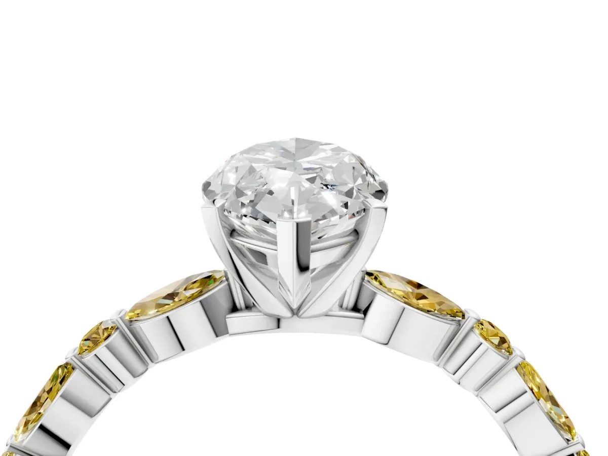 Marquise Cut Diamond Ring with Marquise and Round Yellow Sapphire Side Stones and Four-Prong Setting Platinum