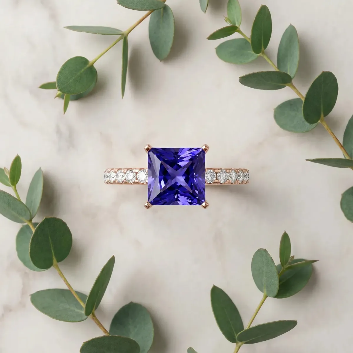 Princess Cut Tanzanite Solitaire Ring with Round Pavé Band and Four-Prong Setting Rose gold