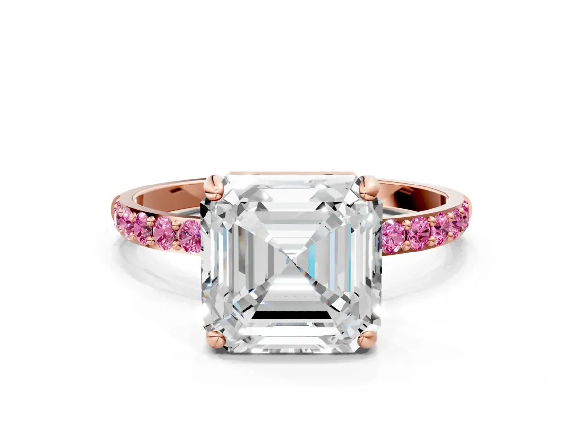 Asscher Cut Diamond Solitaire Ring with Round Pink Sapphire Pavé Band and Prong Setting Rose gold