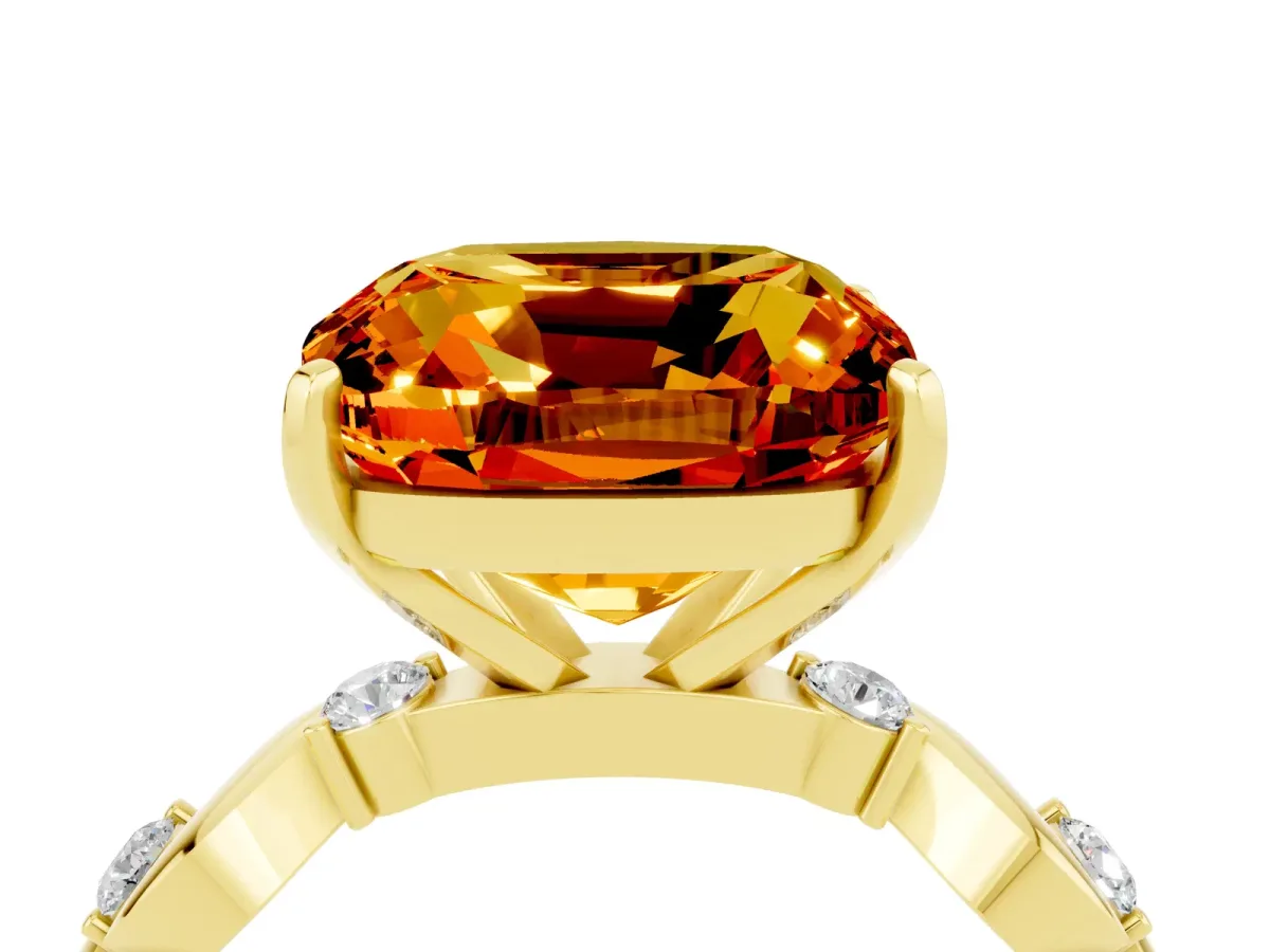 Cushion Cut Citrine Solitaire Twisted Band with Round Accents and Prong Setting Yellow gold
