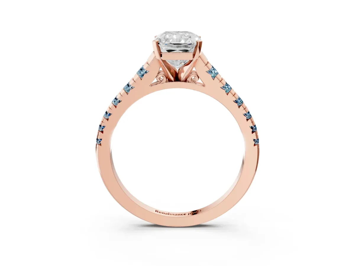 Radiant Cut Diamond Cathedral Solitaire Ring with Round Aquamarine Pavé Band Rose gold