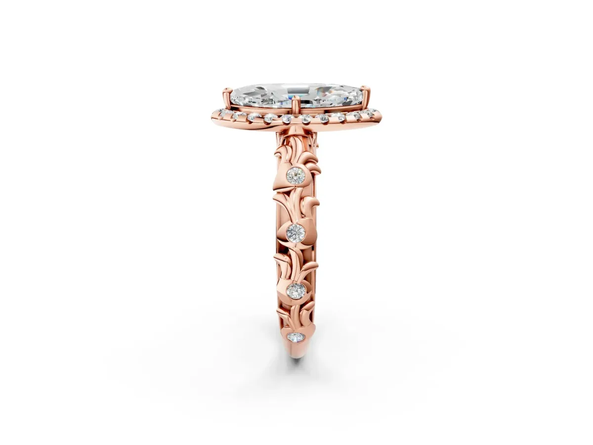 Marquise Cut Diamond Halo Ring with Filigree Band and Prong Setting Rose gold