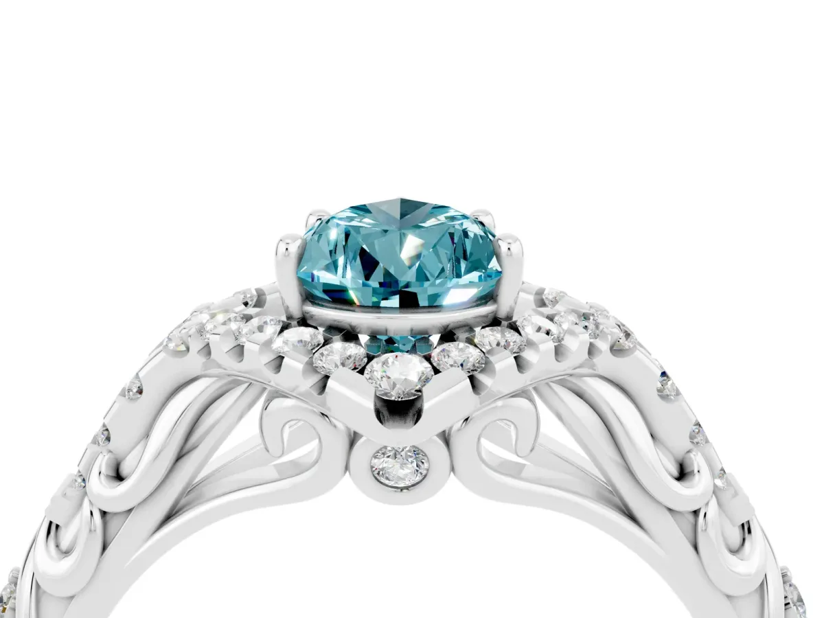 Pear Cut Blue Topaz Solitaire Ring with Hidden Halo and Pavé Band White gold