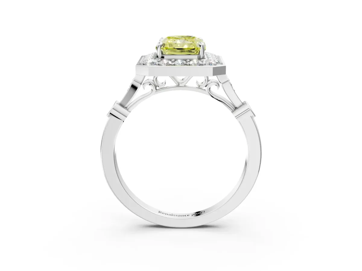 Fancy Yellow Radiant Cut Halo Diamond Engagement Ring with Twisted Band and Four-Prong Setting Platinum