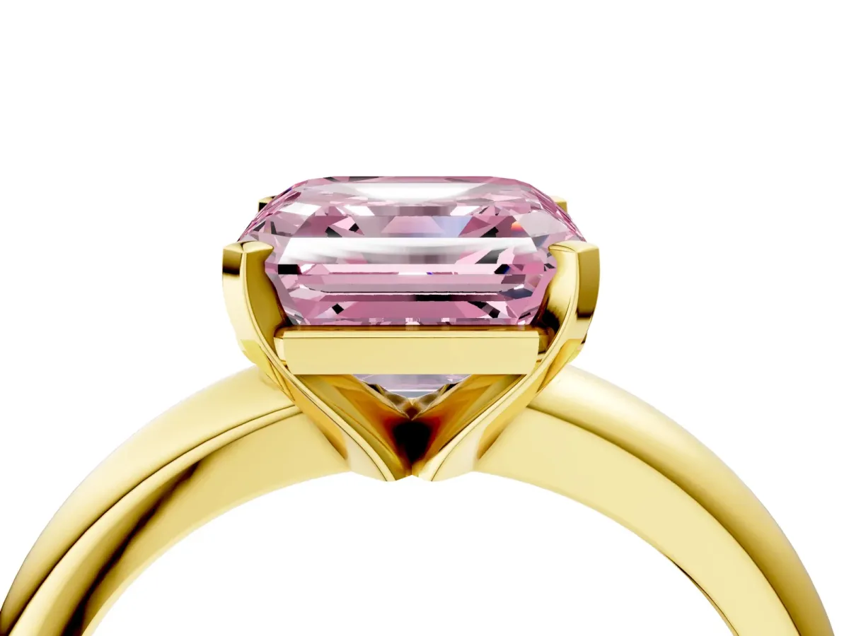 Fancy Pink Asscher Cut Diamond Solitaire Engagement Ring with Round Band and Four-Prong Setting Yellow gold