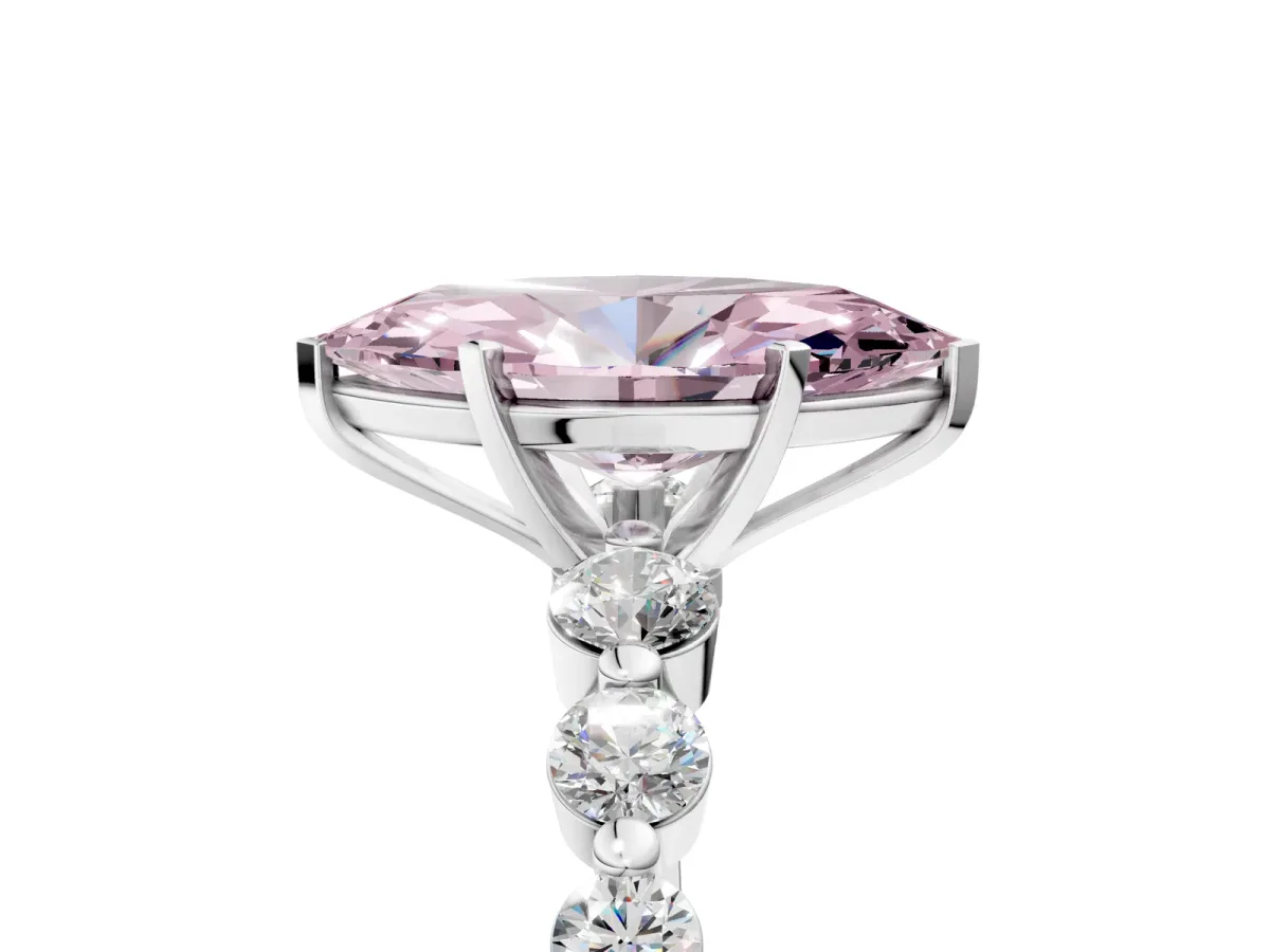 Fancy Pink Marquise Cut Solitaire Diamond Ring with Pave Band and Four-Prong Setting Silver