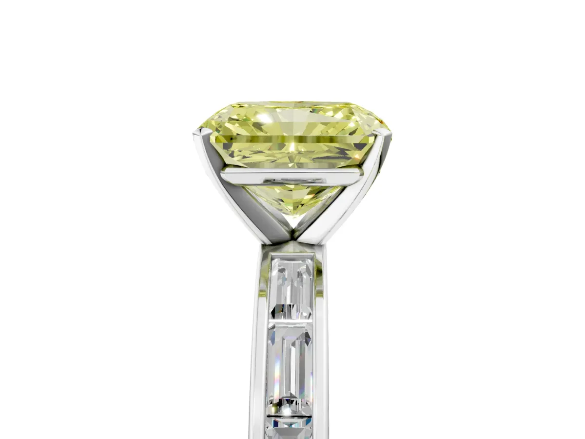 Fancy Yellow Radiant Cut Solitaire Diamond Ring with Channel-Set Baguette Band and Four-Prong Setting Platinum