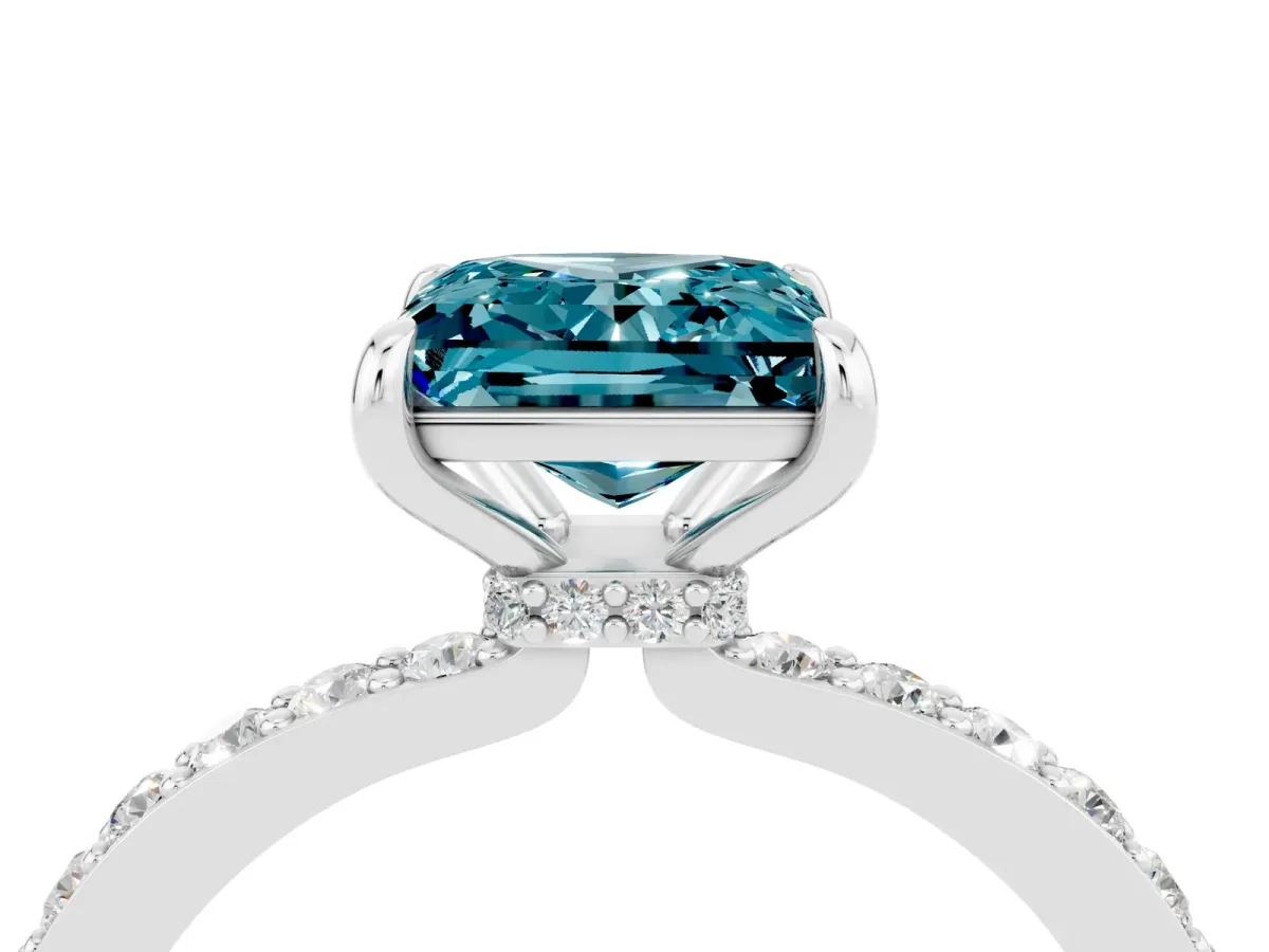 Princess Cut Blue Topaz Solitaire Engagement Ring with Pavé Band and Four-Prong Setting White gold
