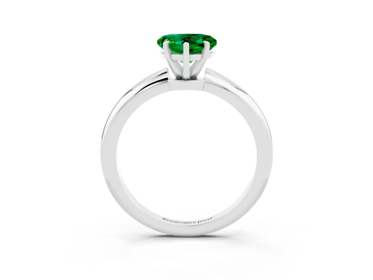 Heart Cut Emerald Solitaire Ring with Six-Prong Setting and Classic Band Platinum
