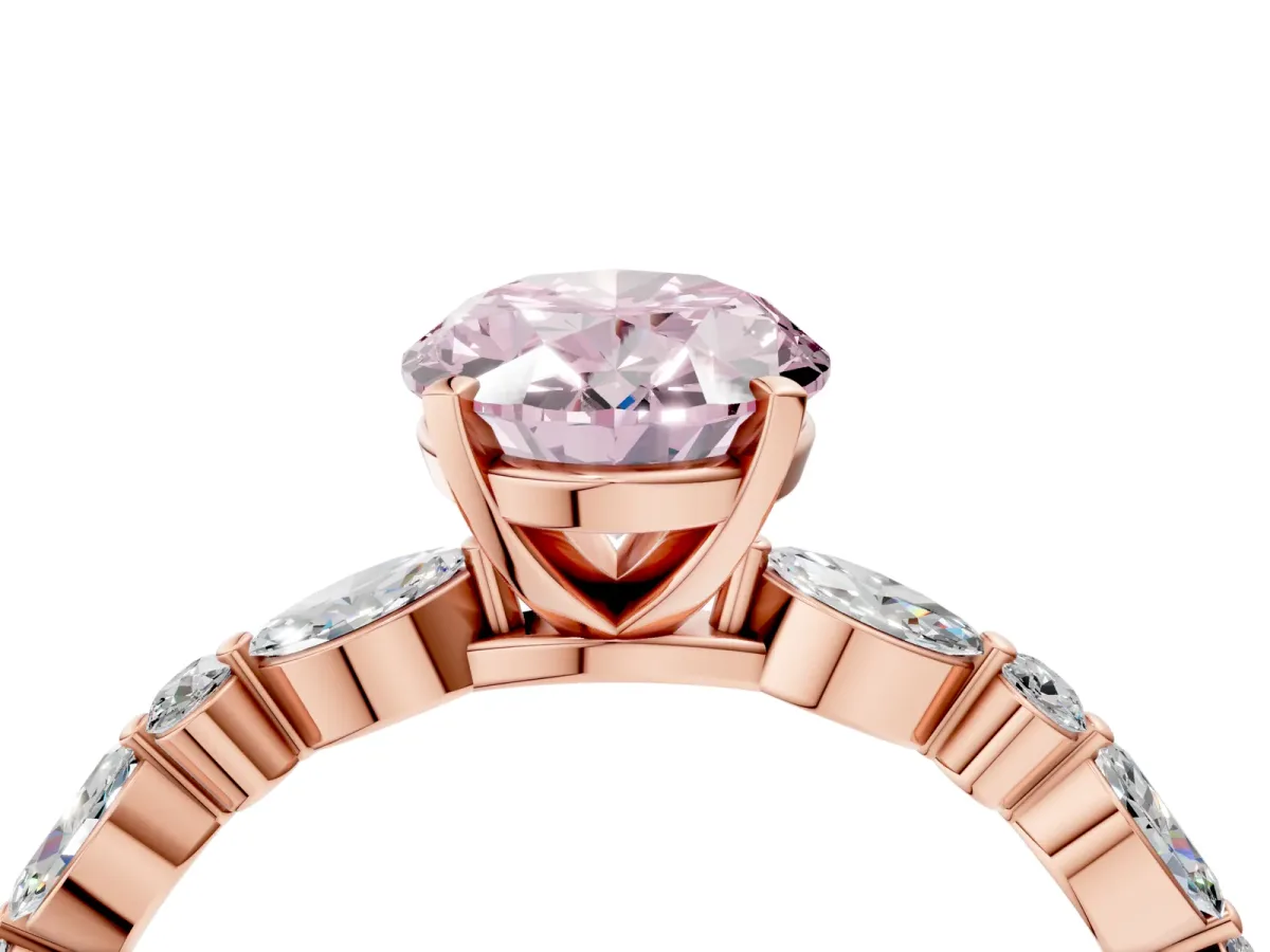 Fancy Pink Oval Cut Diamond Ring with Marquise and Round Side Stones and Four-Prong Setting Rose gold