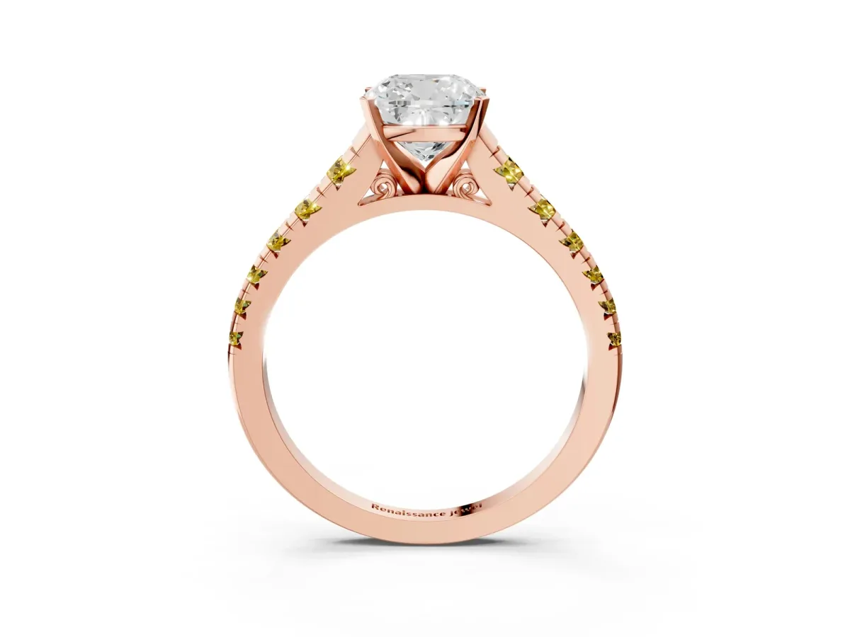 Cushion Cut Diamond Cathedral Solitaire Ring with Round Yellow Sapphire Pavé Band Rose gold