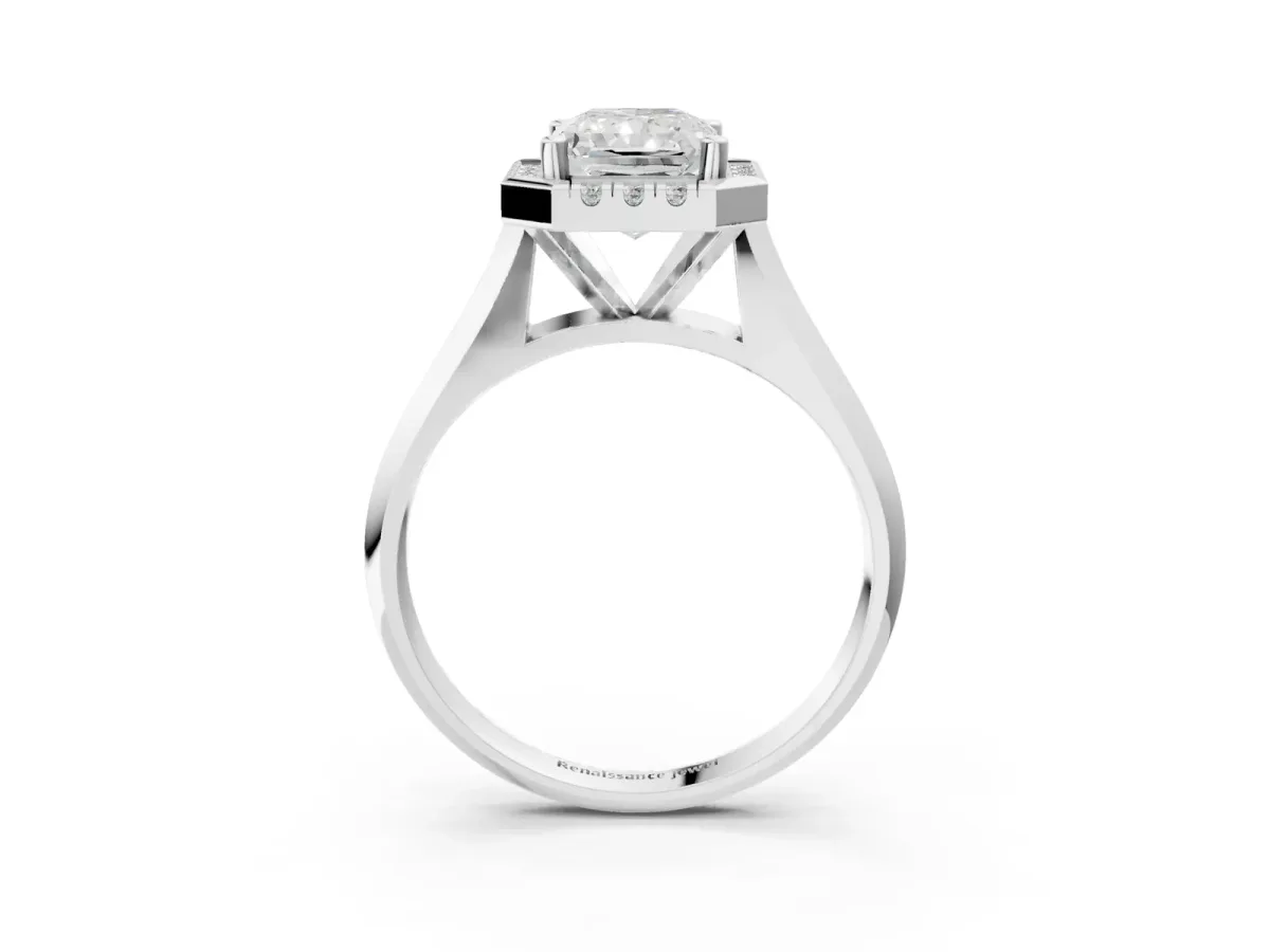 Radiant Cut Cut Halo Solitaire Engagement Ring with Square Band and Four-Prong Setting White gold