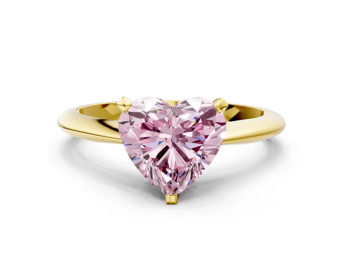 Fancy Pink Heart Cut Diamond Solitaire Engagement Ring with Classic Band and Four-Prong Setting Yellow gold