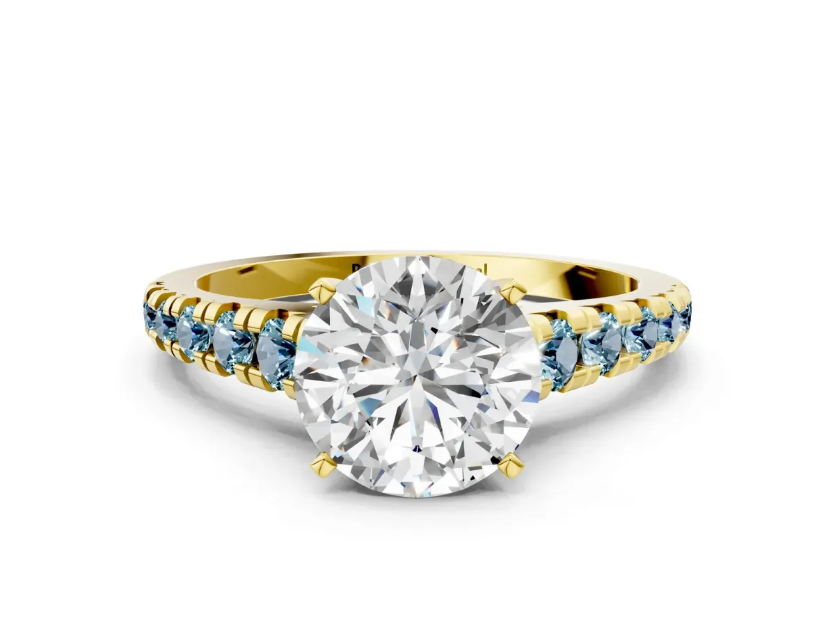 Round Cut Diamond Cathedral Solitaire Ring with Round Aquamarine Pavé Band Yellow gold