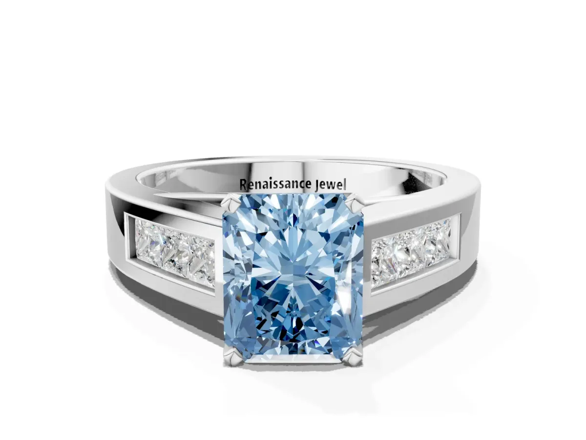 Fancy Blue Radiant Cut Cut Channel Set Solitaire Ring with Four-Prong Setting White gold