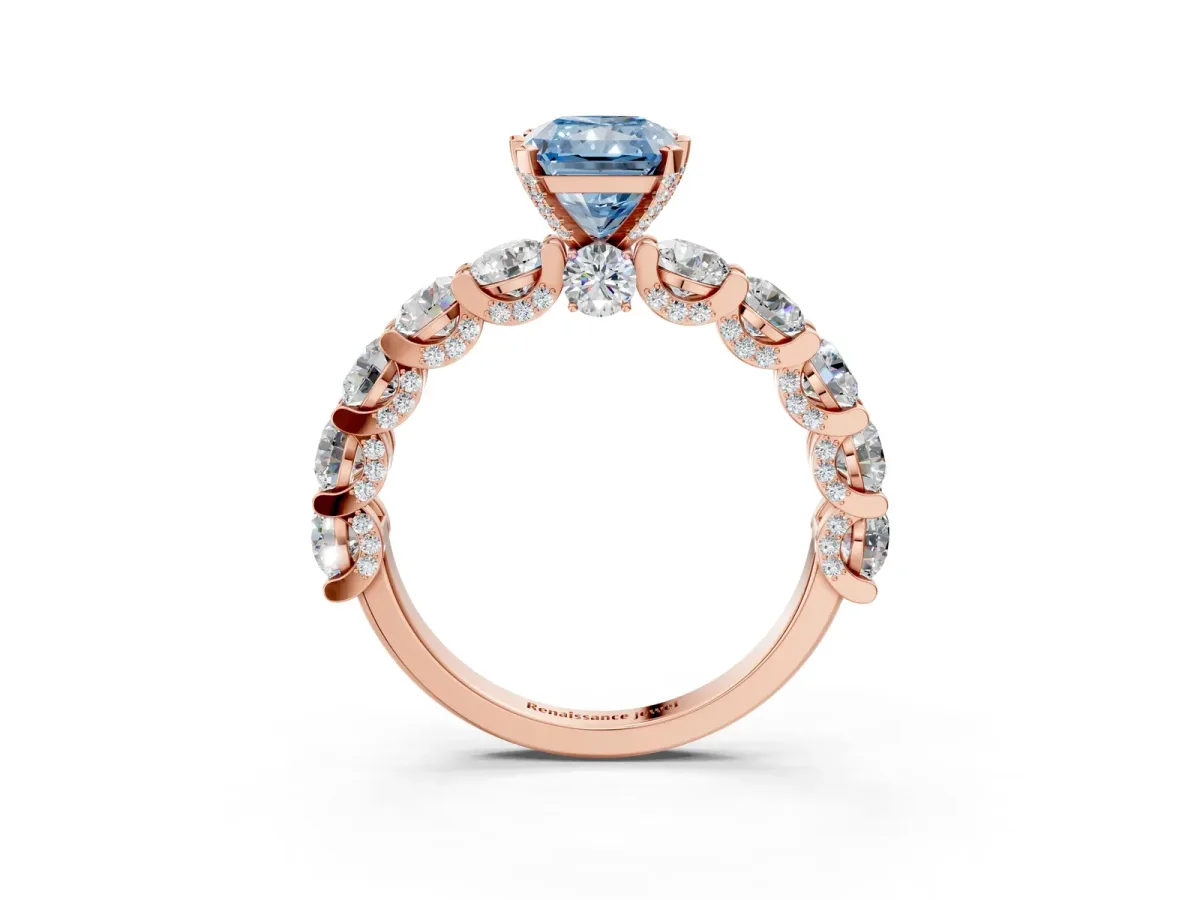 Fancy Blue Radiant Cut Diamond Side Stone Engagement Ring with Four-Prong Setting Rose gold
