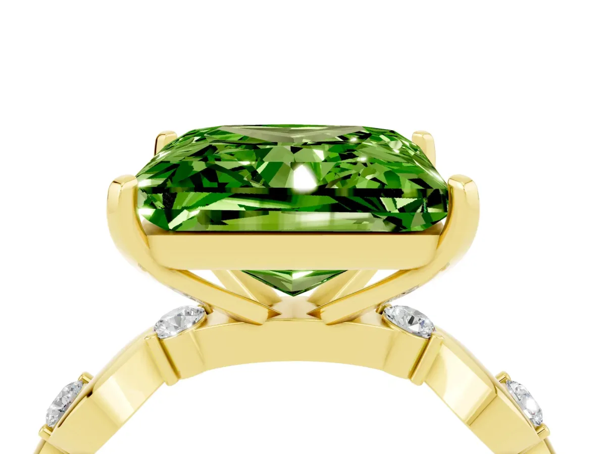 Princess Cut Peridot Solitaire Twisted Band with Round Accents and Prong Setting Yellow gold