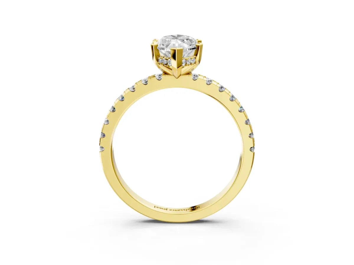 Marquise Cut Diamond Solitaire Ring with Round Pavé Band and Four-Prong Setting Yellow gold