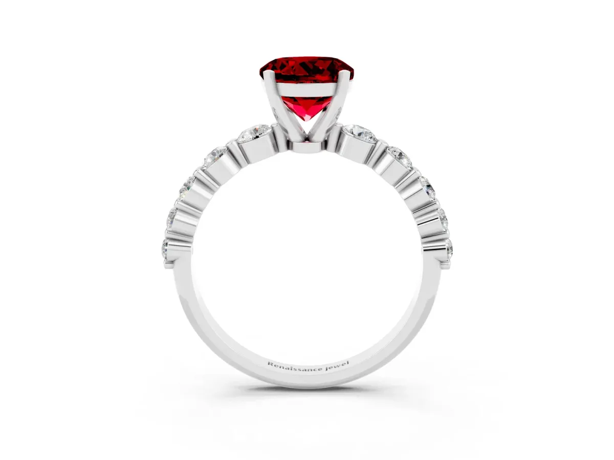 Round Cut Solitaire Ruby Ring with Pave Band and Four-Prong Setting White gold