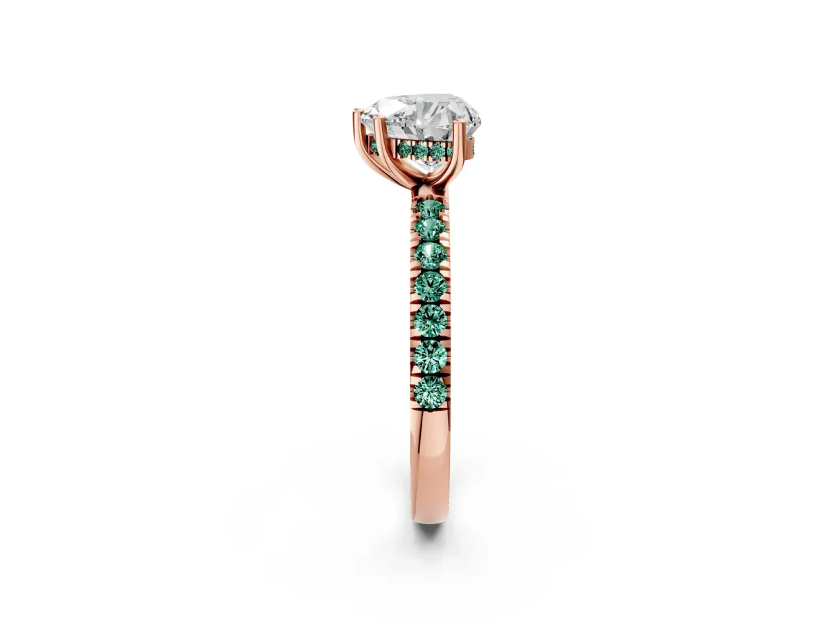 Heart Cut Diamond Pave Band Solitaire Ring with Round Green Sapphire and Prong Setting Rose gold