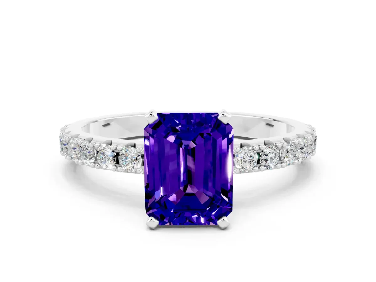 Emerald Cut Tanzanite Solitaire Pavé Band with Four-Prong Setting White gold