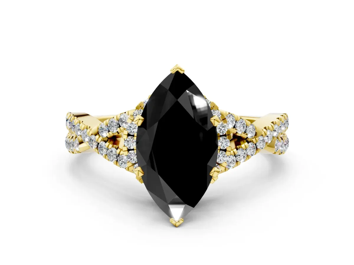 Fancy Black Marquise Cut Diamond Halo Twist Band Solitaire Prong Setting Ring Yellow gold