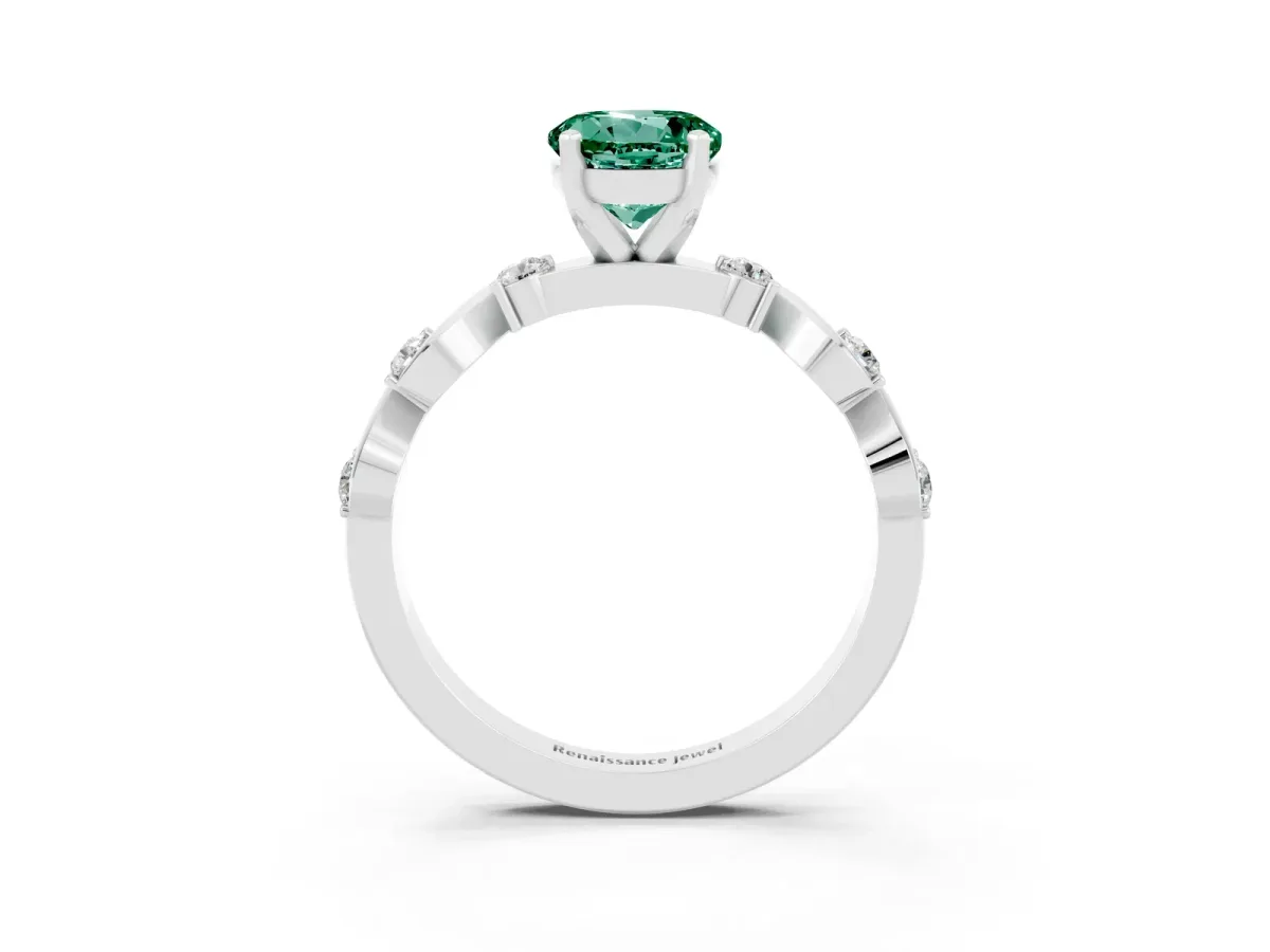 Round Cut Green Sapphire Solitaire Twisted Band with Round Accents and Prong Setting White gold