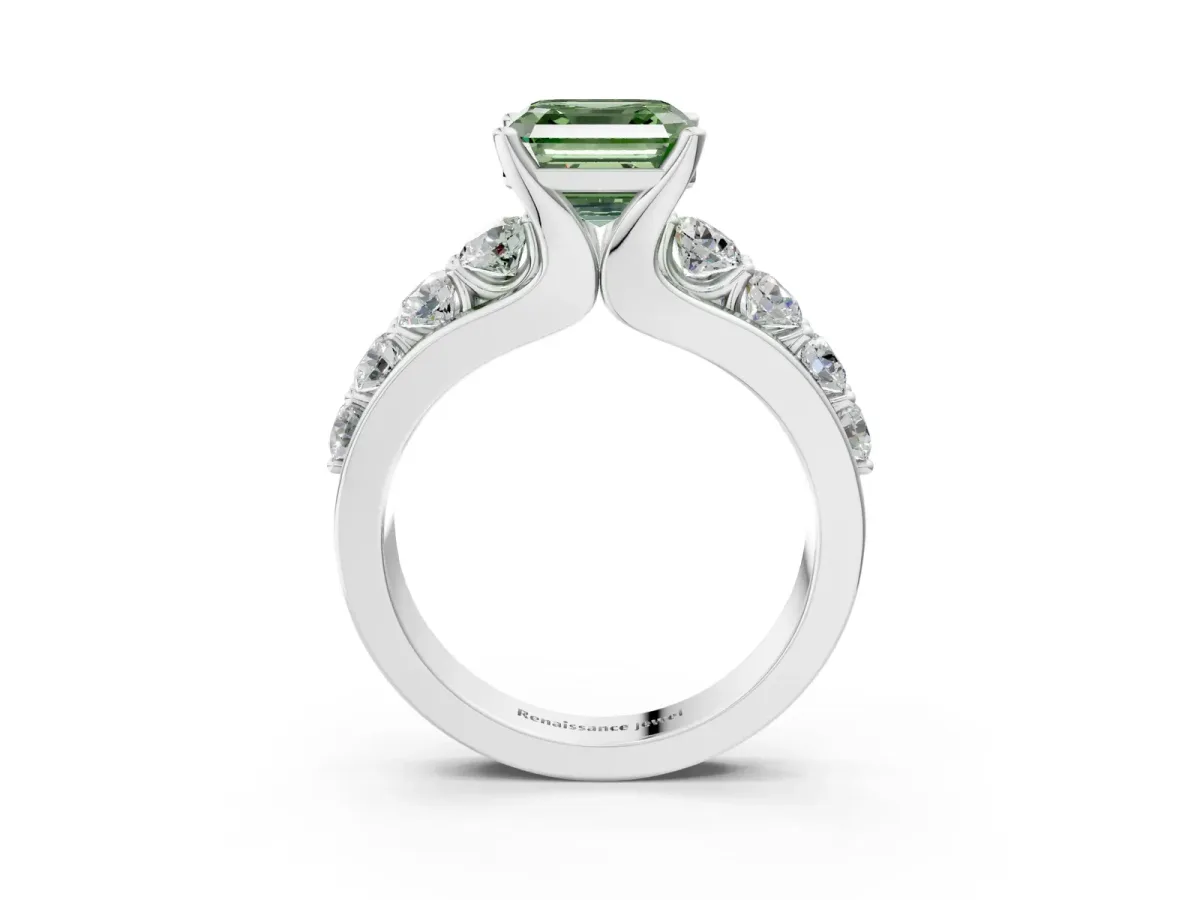 Fancy Green Asscher Cut Brilliant Solitaire with Side Stones on a Pave Band and Four-Prong Setting Platinum