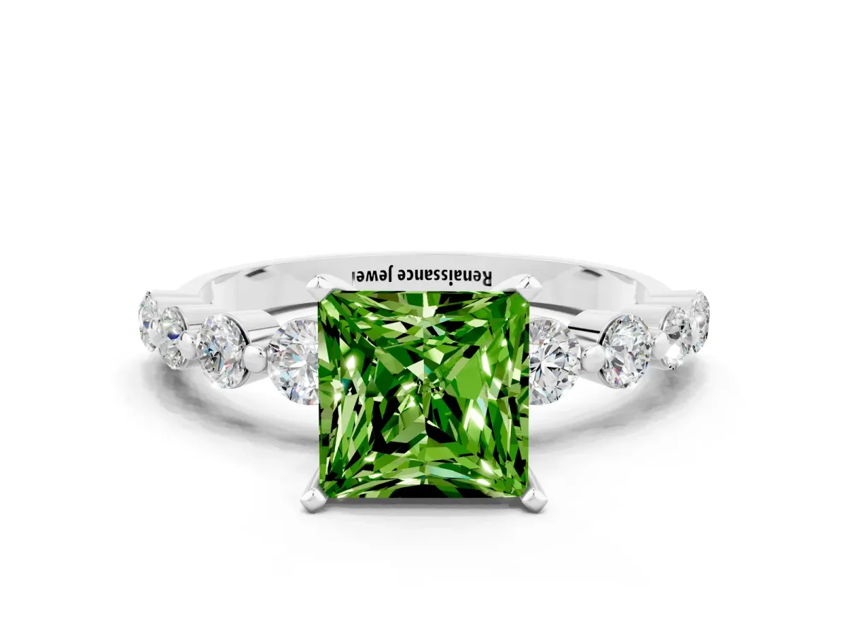 Princess Cut Solitaire Peridot Ring with Pave Band and Four-Prong Setting Silver