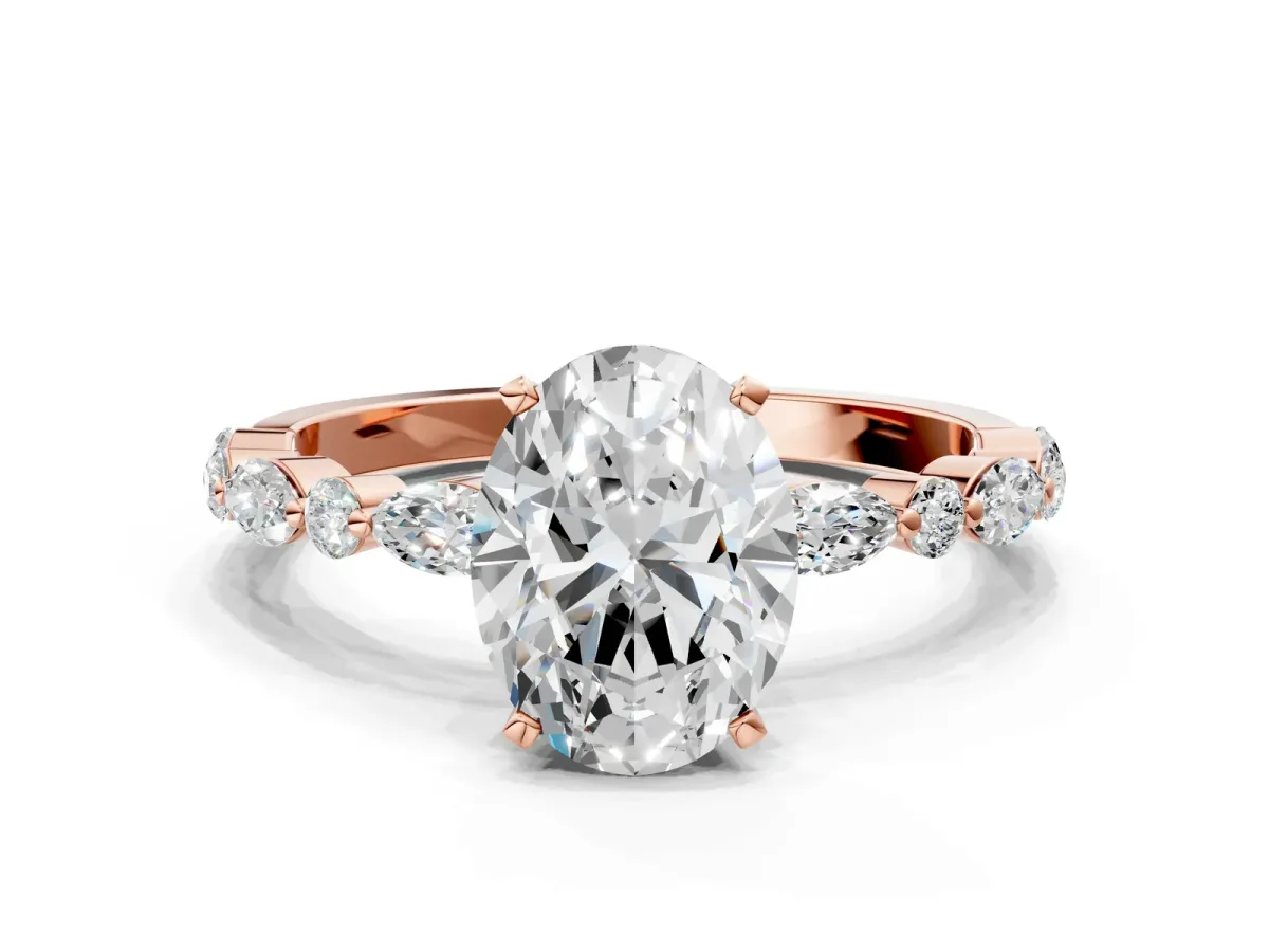 Oval Cut Diamond Ring with Marquise and Round Moissanite Side Stones and Four-Prong Setting Rose gold