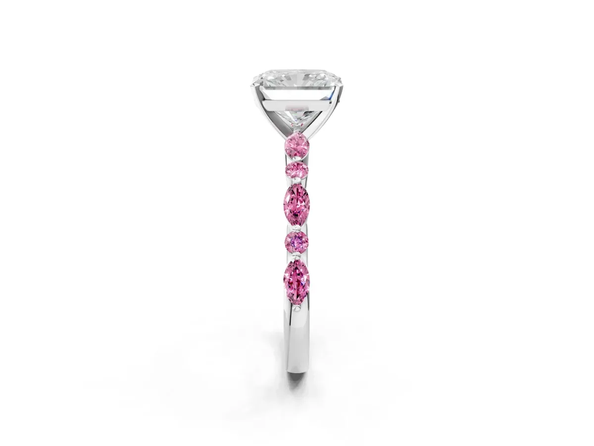 Radiant Cut Diamond Ring with Marquise and Round Pink Sapphire Side Stones and Four-Prong Setting Platinum