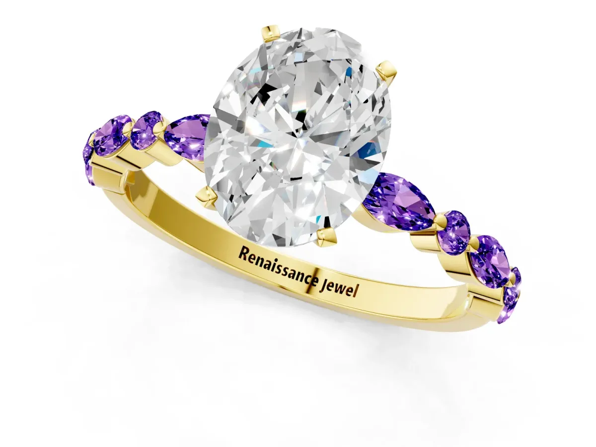 Oval Cut Diamond Ring with Marquise and Round Tanzanite Side Stones and Four-Prong Setting Yellow gold