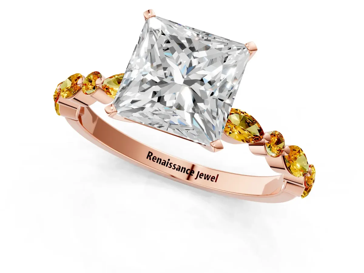 Princess Cut Diamond Ring with Marquise and Round Citrine Side Stones and Four-Prong Setting Rose gold