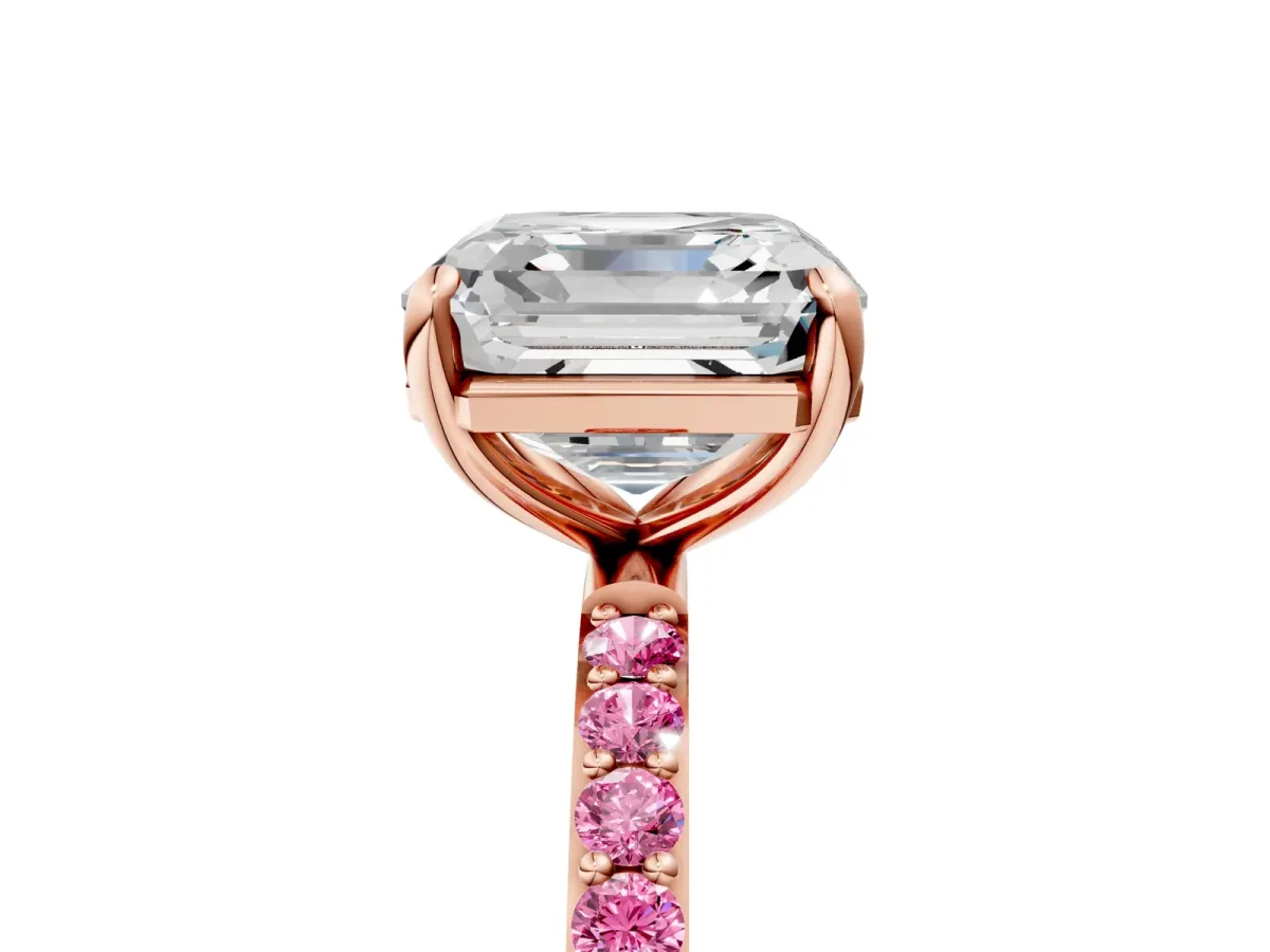 Asscher Cut Diamond Solitaire Ring with Round Pink Sapphire Pavé Band and Prong Setting Rose gold