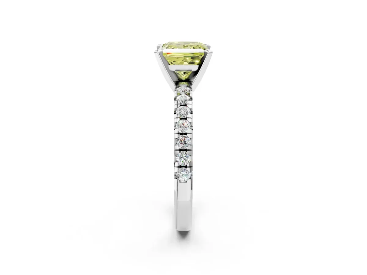 Fancy Yellow Princess Cut Diamond Solitaire Pavé Engagement Ring with Round Band and Prong Setting White gold