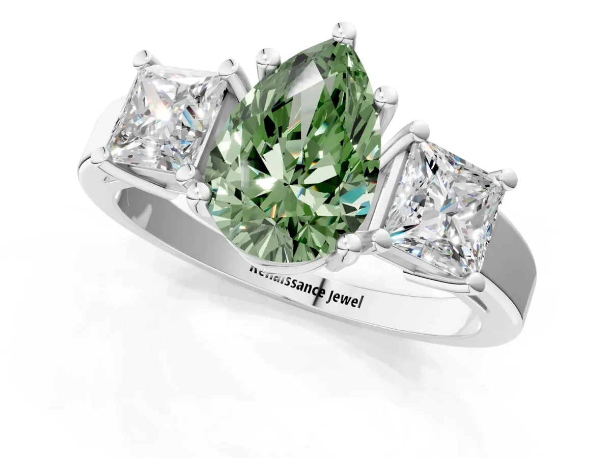 Fancy Green Three-Stone Pear Cut Cut Solitaire Ring with Prong Setting White gold