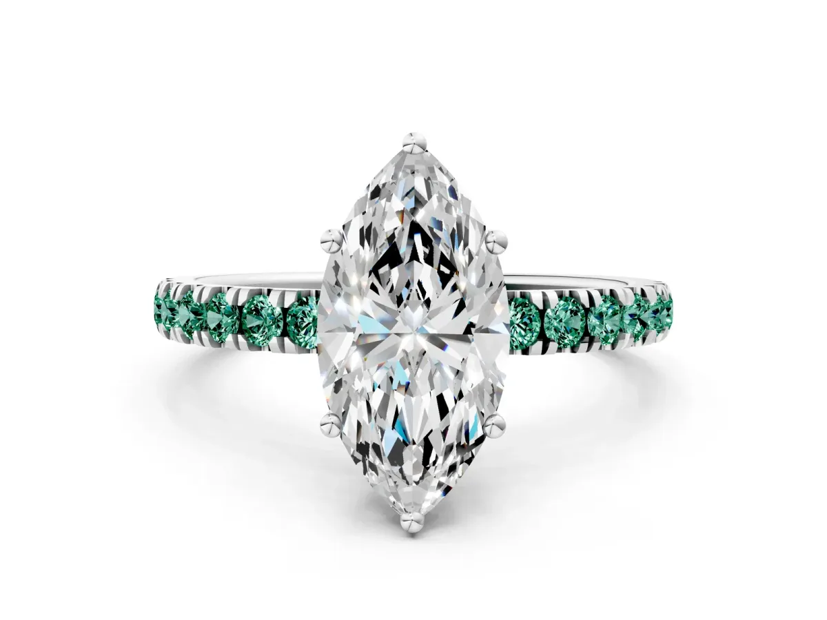 Marquise Cut Diamond Pave Band Solitaire Ring with Round Green Sapphire and Prong Setting White gold