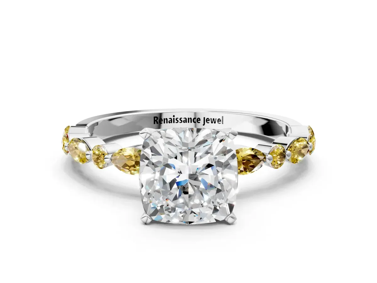 Cushion Cut Diamond Ring with Marquise and Round Yellow Sapphire Side Stones and Four-Prong Setting Platinum