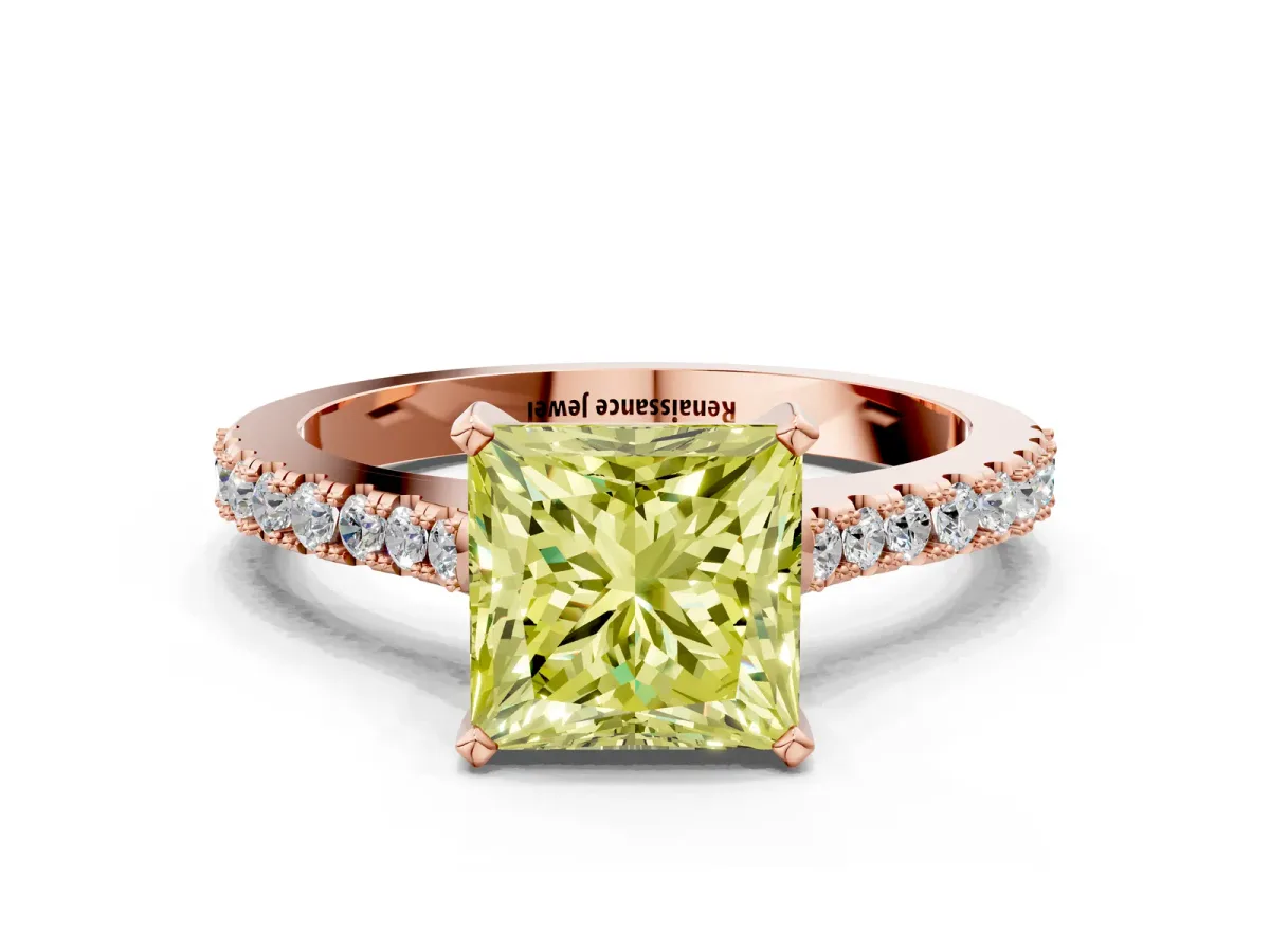 Fancy Yellow Princess Cut Cut Solitaire Diamond Engagement Ring with Pave Band and Four-Prong Setting Rose gold
