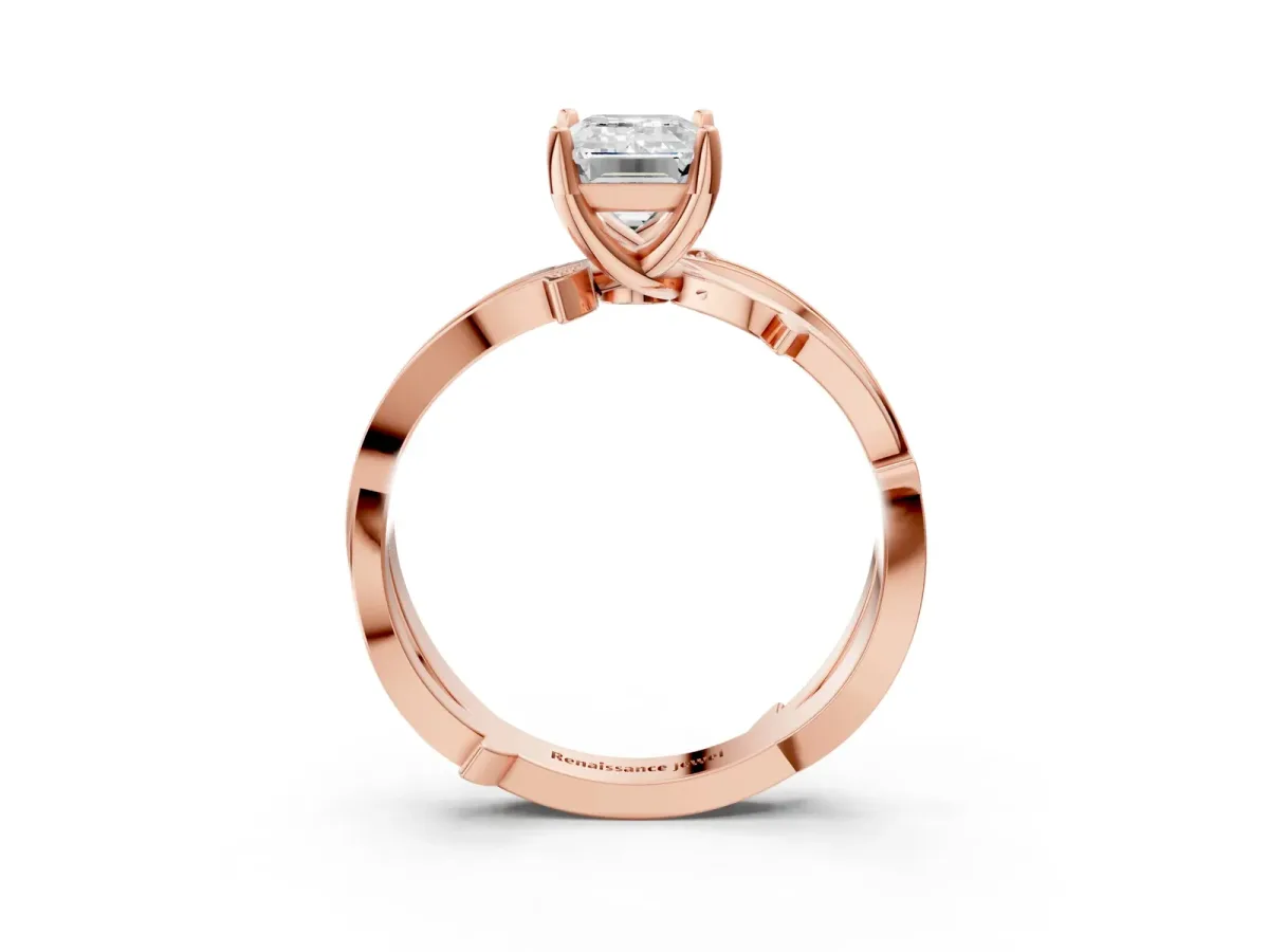 Emerald Cut Solitaire Twist Band with Pavé Accents and Four-Prong Setting Rose gold