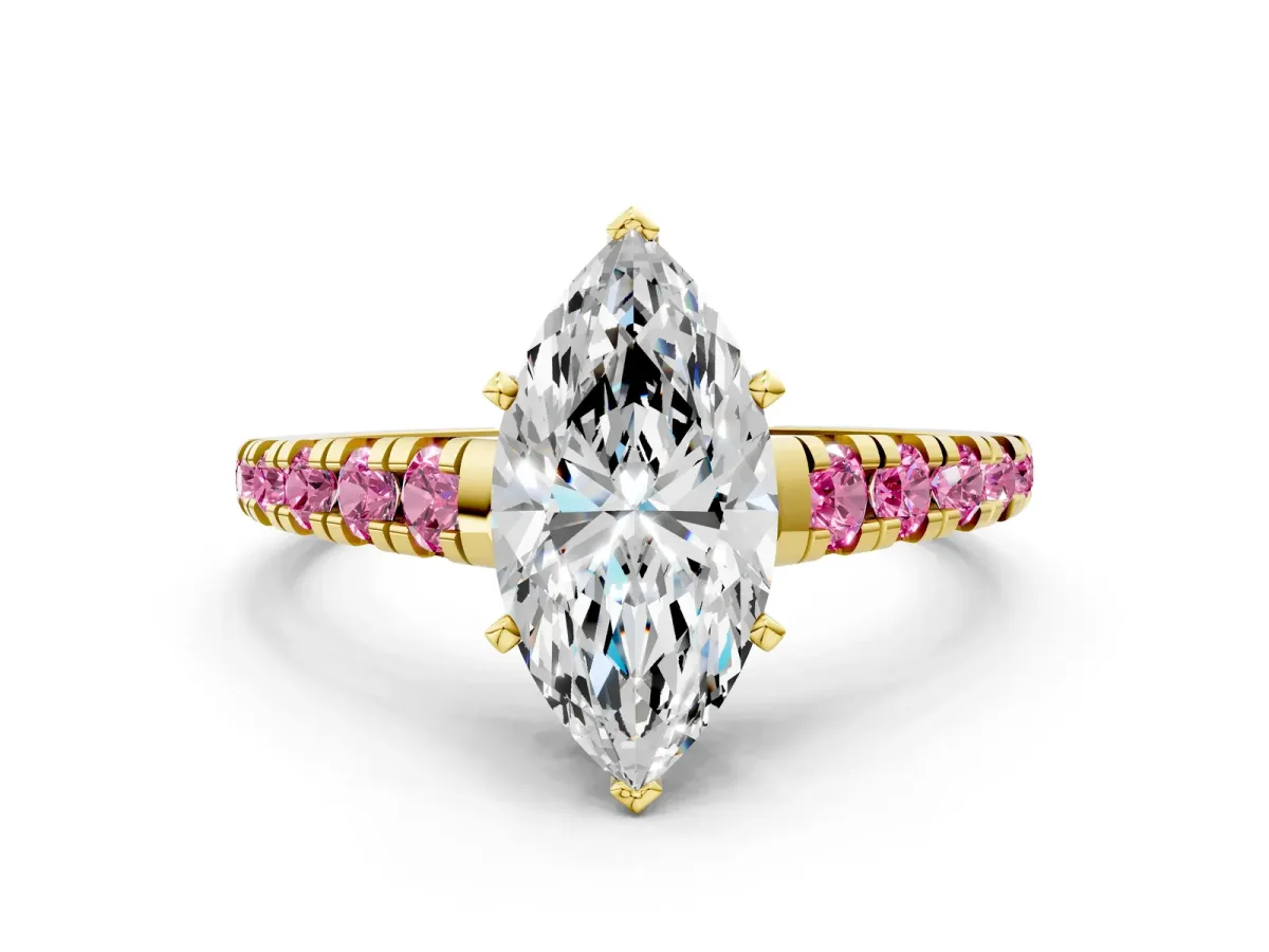 Marquise Cut Diamond Cathedral Solitaire Ring with Round Pink Sapphire Pavé Band Yellow gold