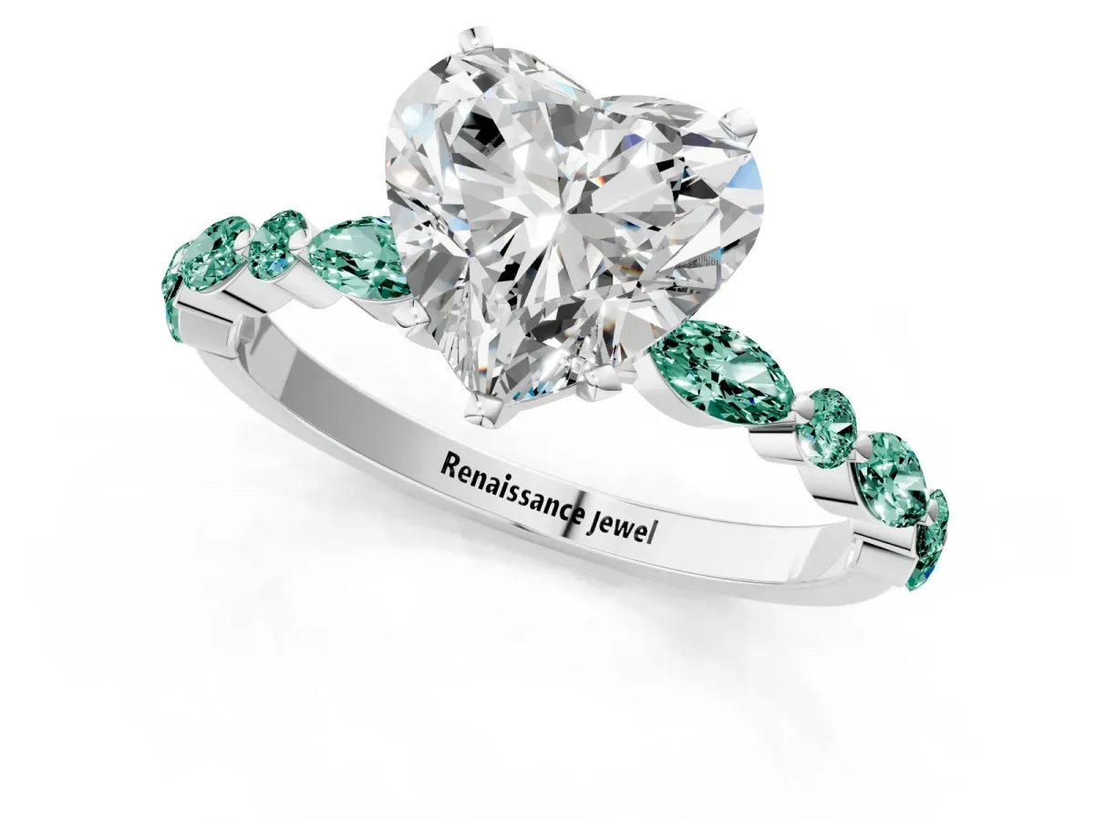 Heart Cut Diamond Ring with Marquise and Round Green Sapphire Side Stones and Four-Prong Setting Silver
