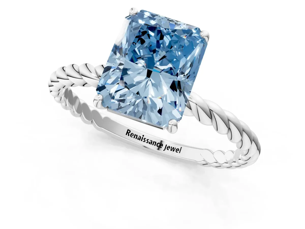 Fancy Blue Radiant Cut Solitaire Twisted Band 4-Prong Ring Platinum