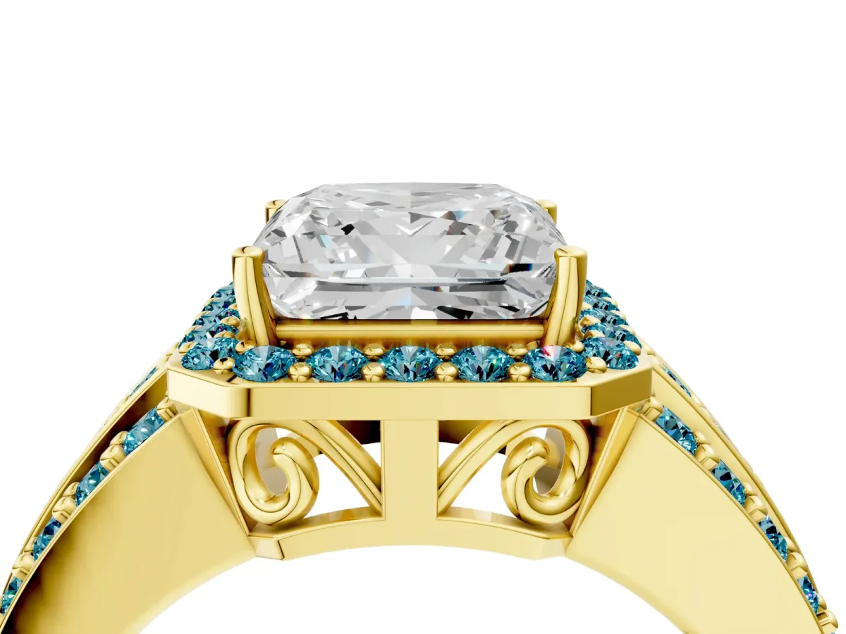 Princess Cut Halo Diamond Ring with Round Blue Topaz Split Shank and Prong Setting Yellow gold