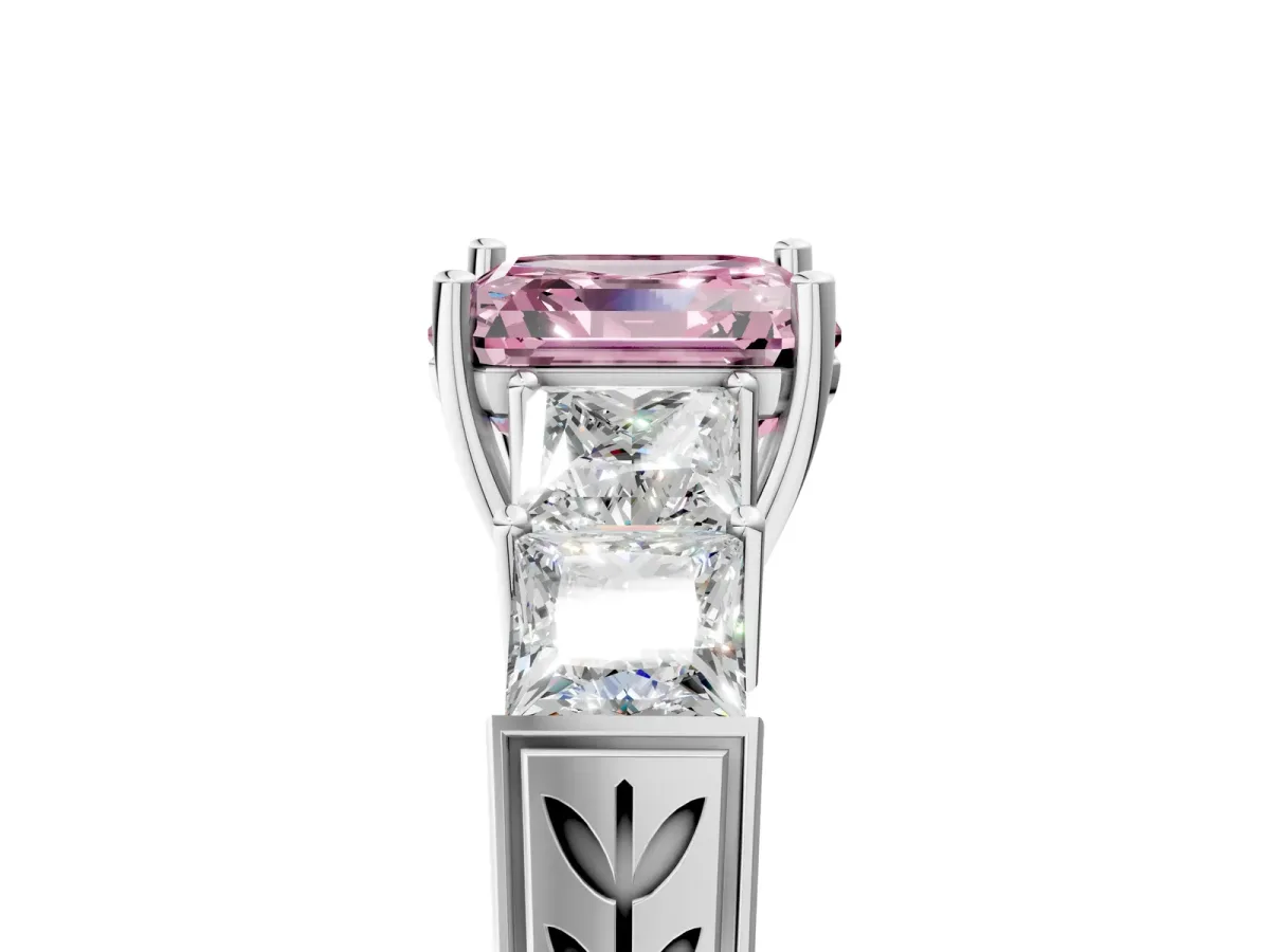 Fancy Pink Asscher Cut Solitaire Princess Side Stone Engraved Band Prong Setting Ring Platinum