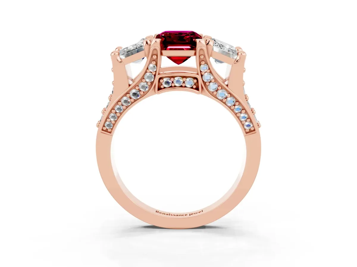 Emerald Cut Garnet Three-Stone Ring with Channel Set Band and Four-Prong Setting Rose gold