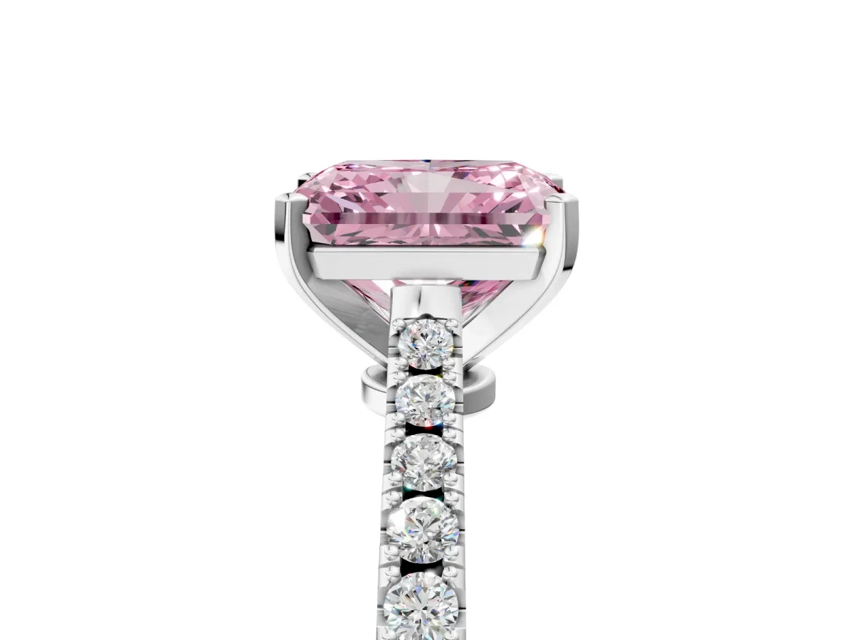Fancy Pink Radiant Cut Cut Solitaire Diamond Engagement Ring with Pave Band and Four-Prong Setting White gold