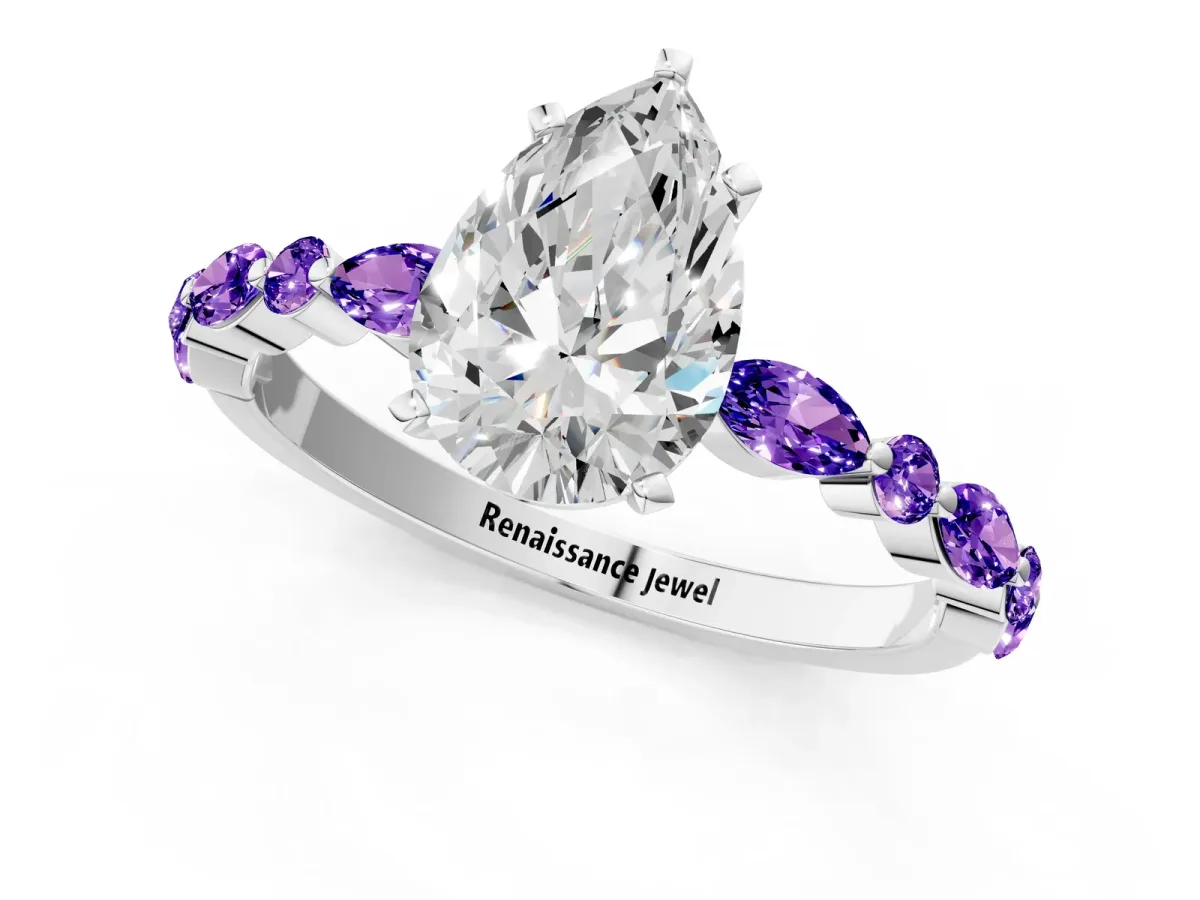 Pear Cut Diamond Ring with Marquise and Round Tanzanite Side Stones and Four-Prong Setting White gold