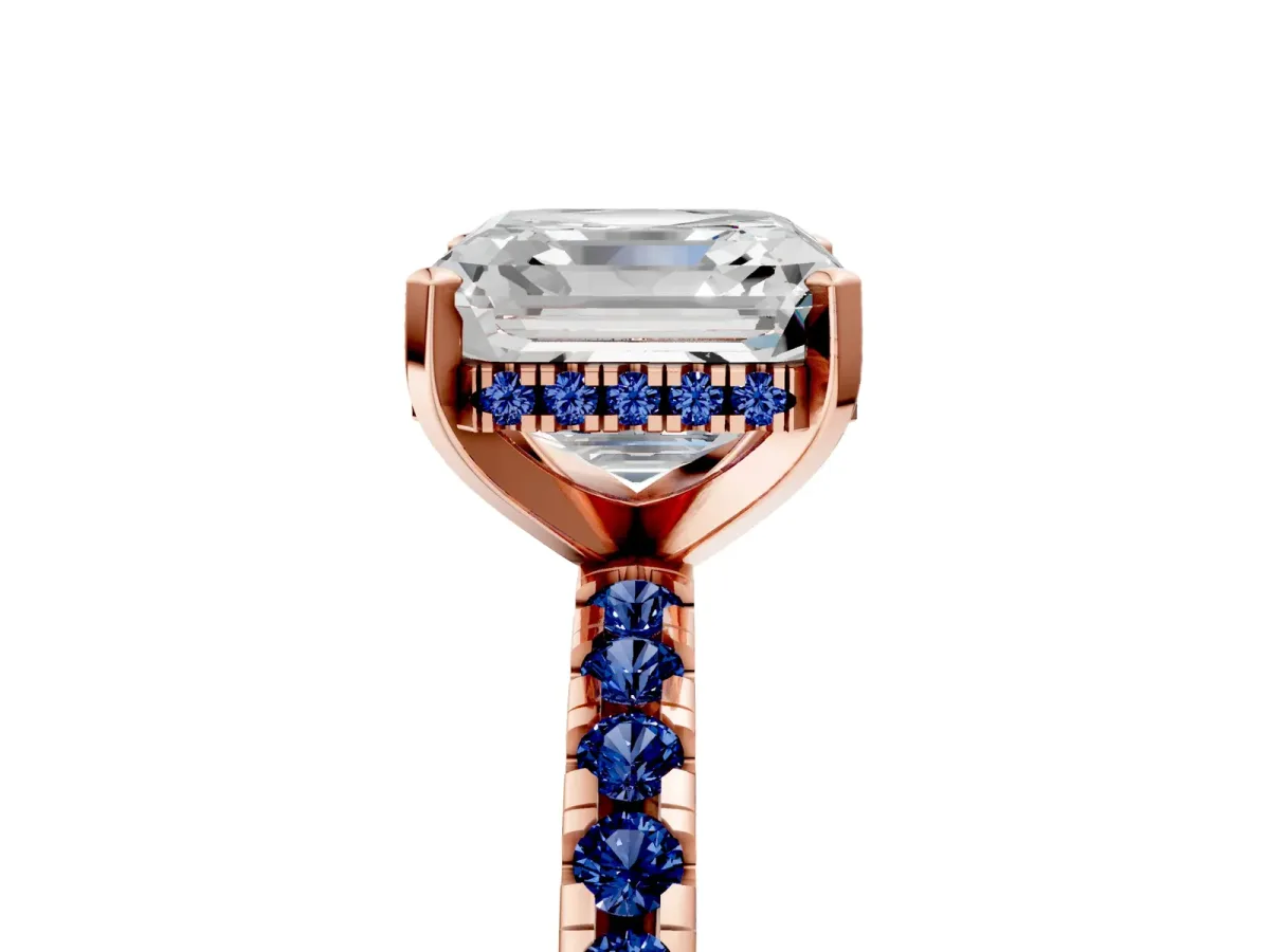 Asscher Cut Diamond Solitaire Ring with Round Blue Sapphire Pavé Band and Four-Prong Setting Rose gold