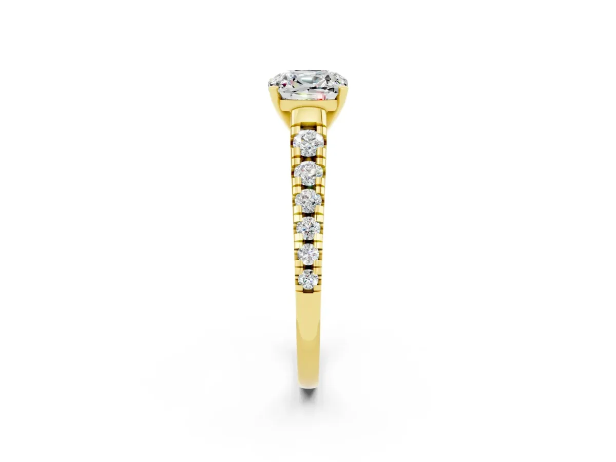 Cushion Cut Moissanite Cathedral Solitaire Ring with Round Pavé Band Yellow gold